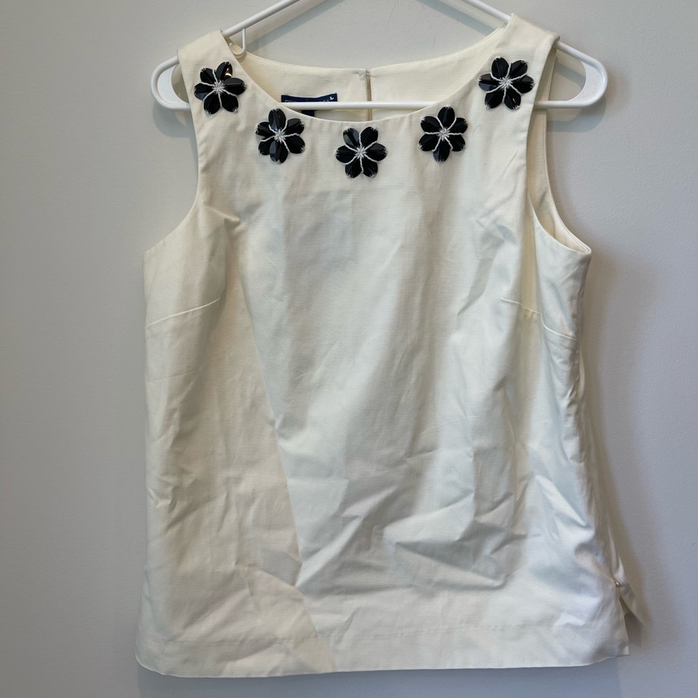 Talbots Cream Sleeveless Top with Black Floral Accents